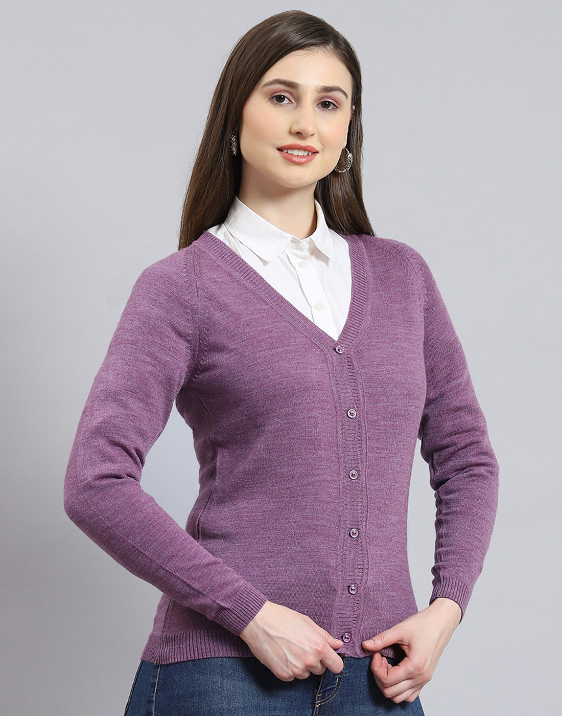 Women Purple Solid V Neck Full Sleeve Cardigan