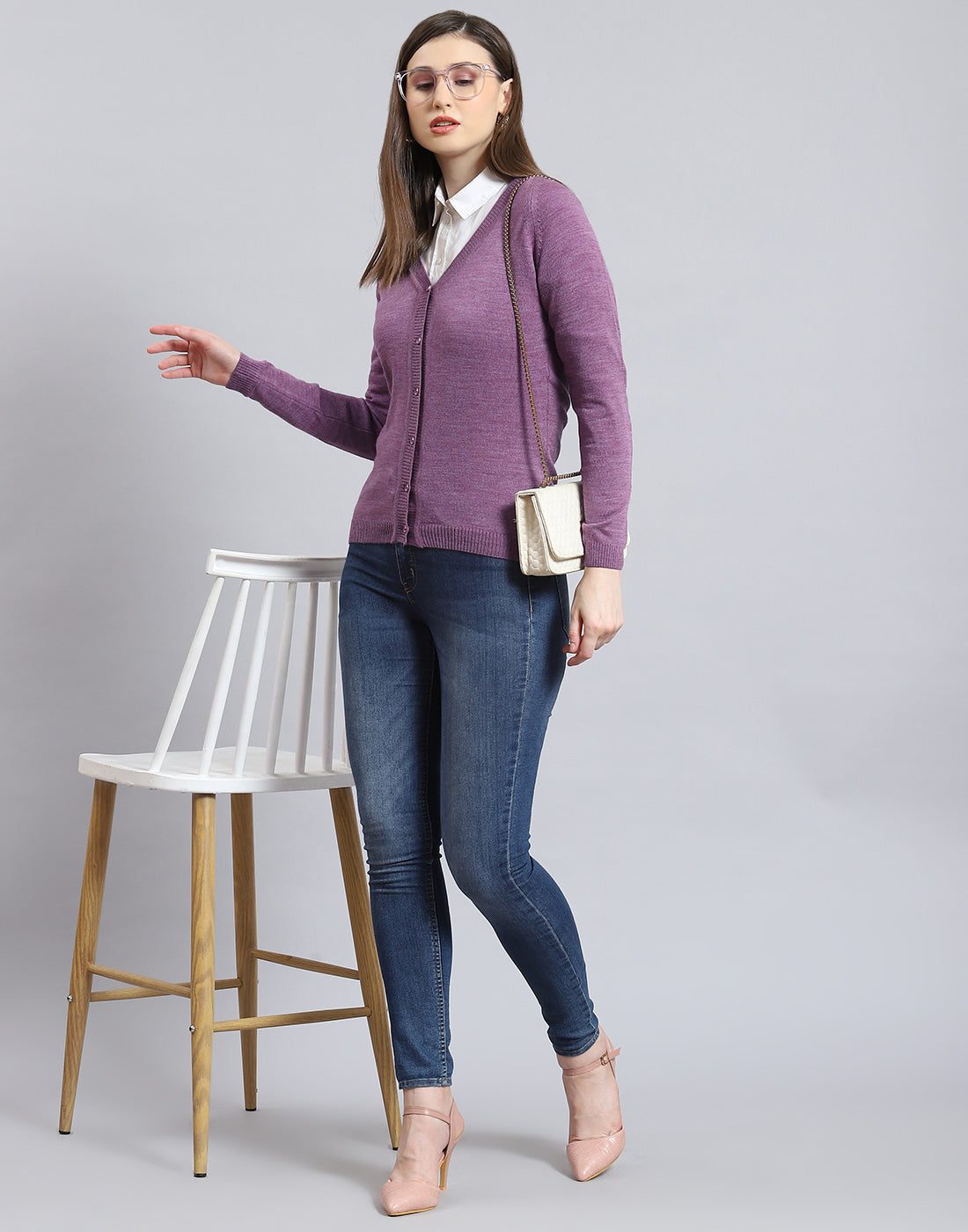 Women Purple Solid V Neck Full Sleeve Cardigan