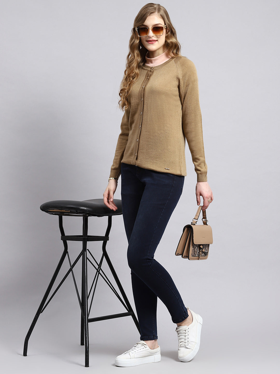 Women Beige Solid Cardigan