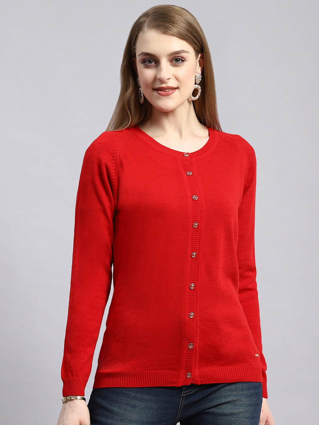 Women Red Solid Cardigan