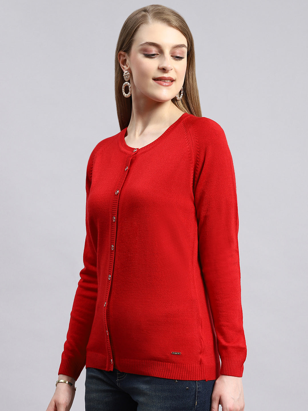 Women Red Solid Cardigan