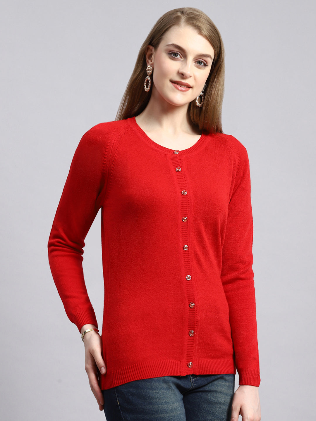 Women Red Solid Cardigan