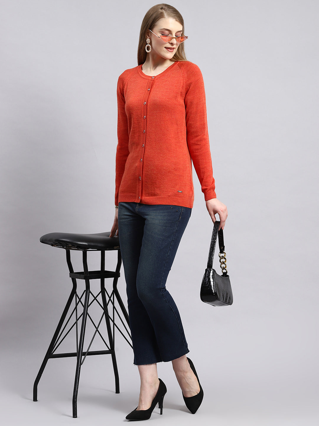 Women Orange Solid Cardigan