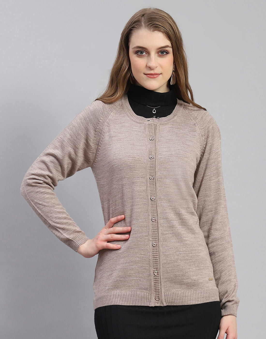 Women Brown Solid Round Neck Full Sleeve Cardigan