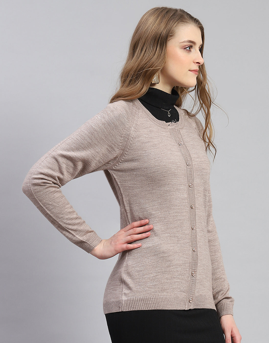 Women Brown Solid Round Neck Full Sleeve Cardigan