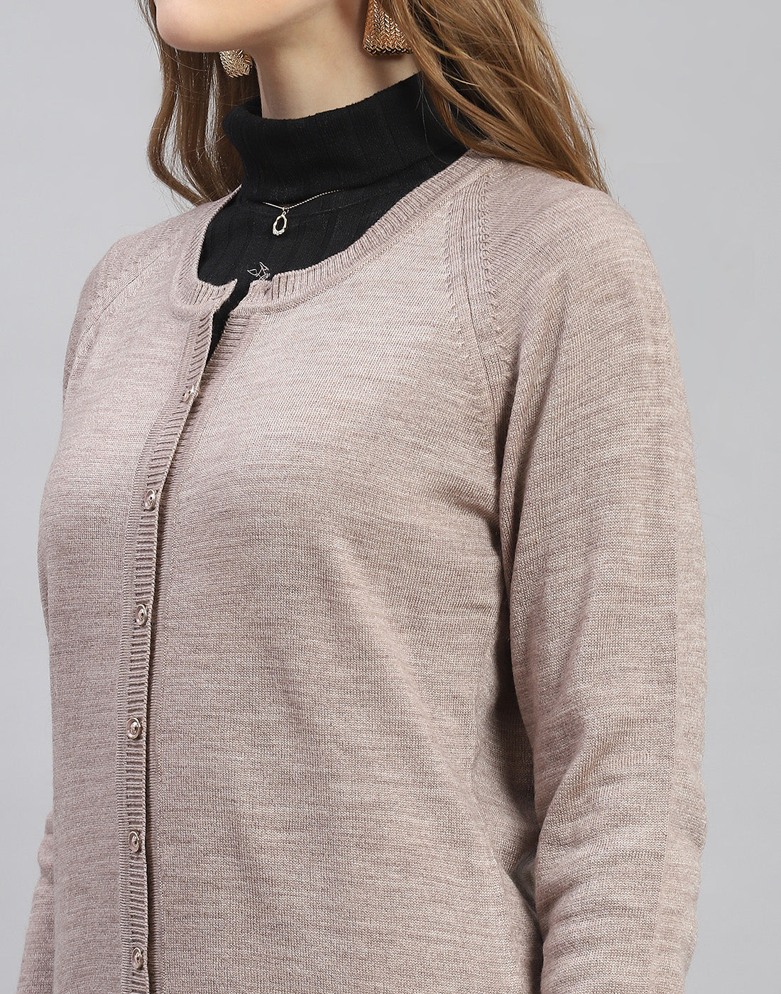 Women Brown Solid Round Neck Full Sleeve Cardigan