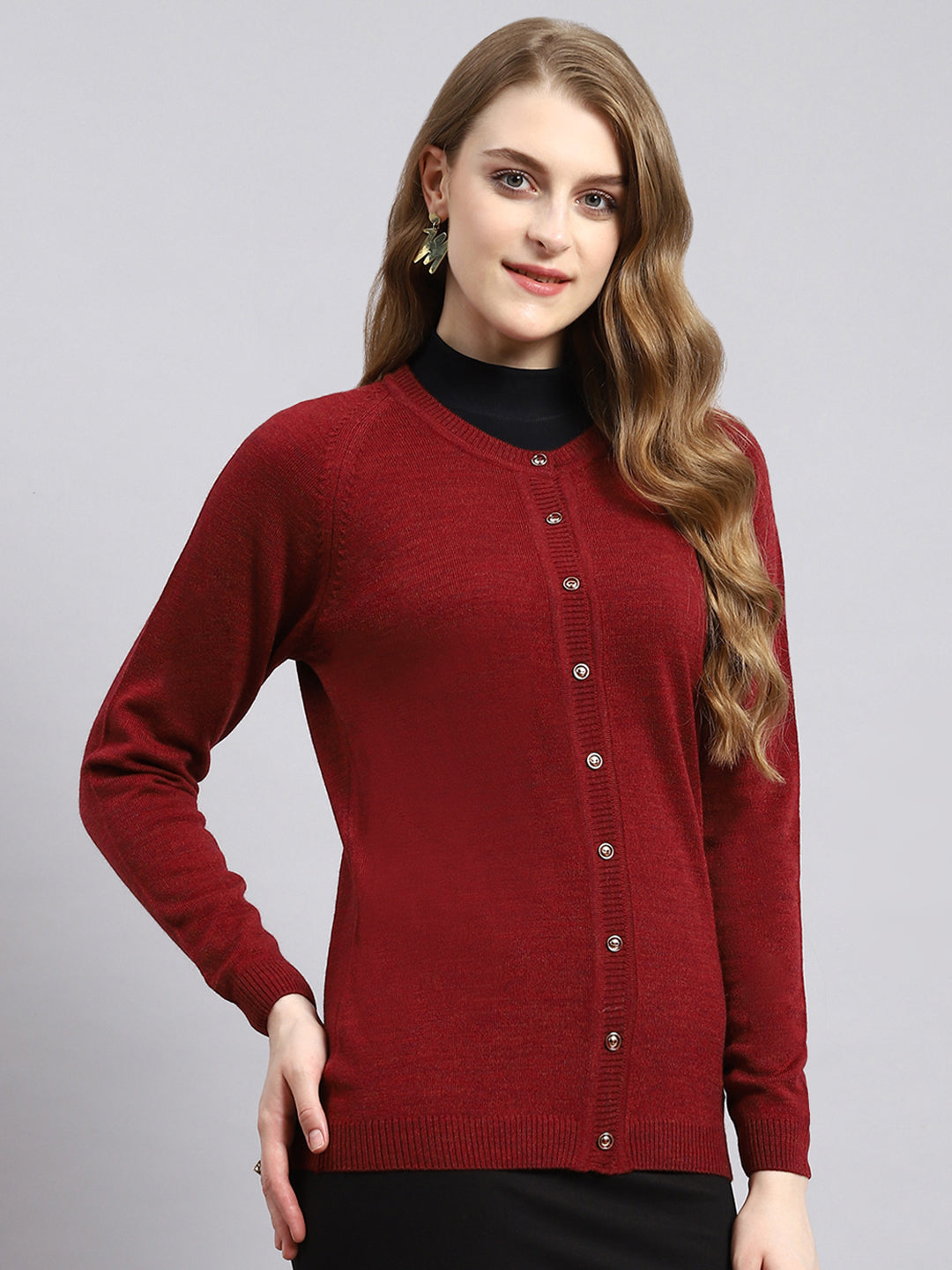 Women Maroon Solid Cardigan