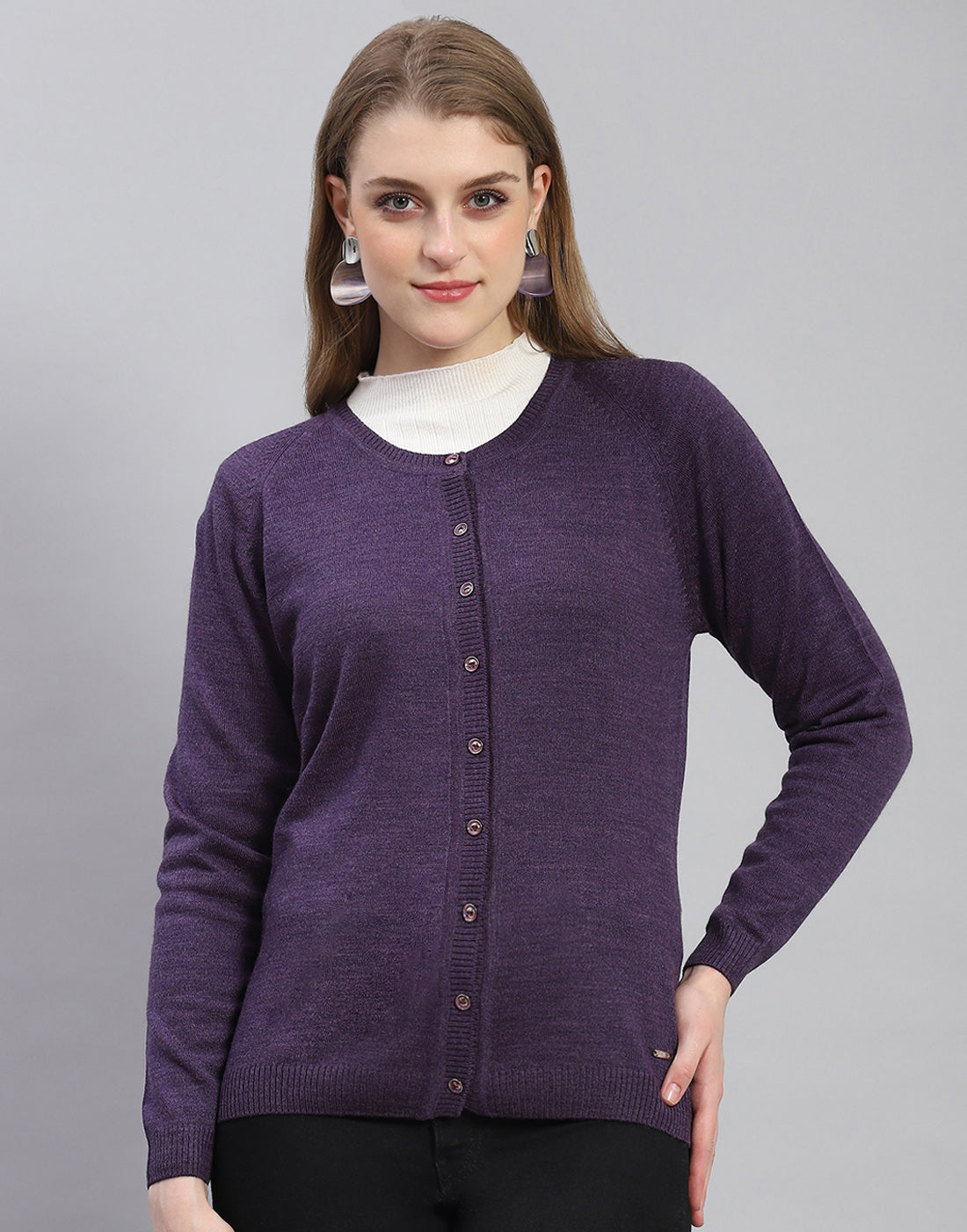 Women Purple Solid Round Neck Full Sleeve Cardigan