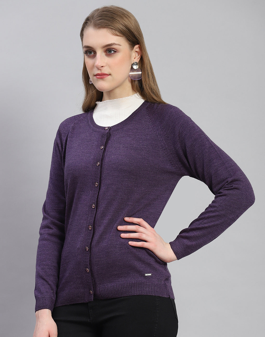 Women Purple Solid Round Neck Full Sleeve Cardigan