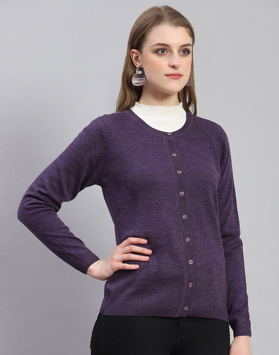 Women Purple Solid Round Neck Full Sleeve Cardigan