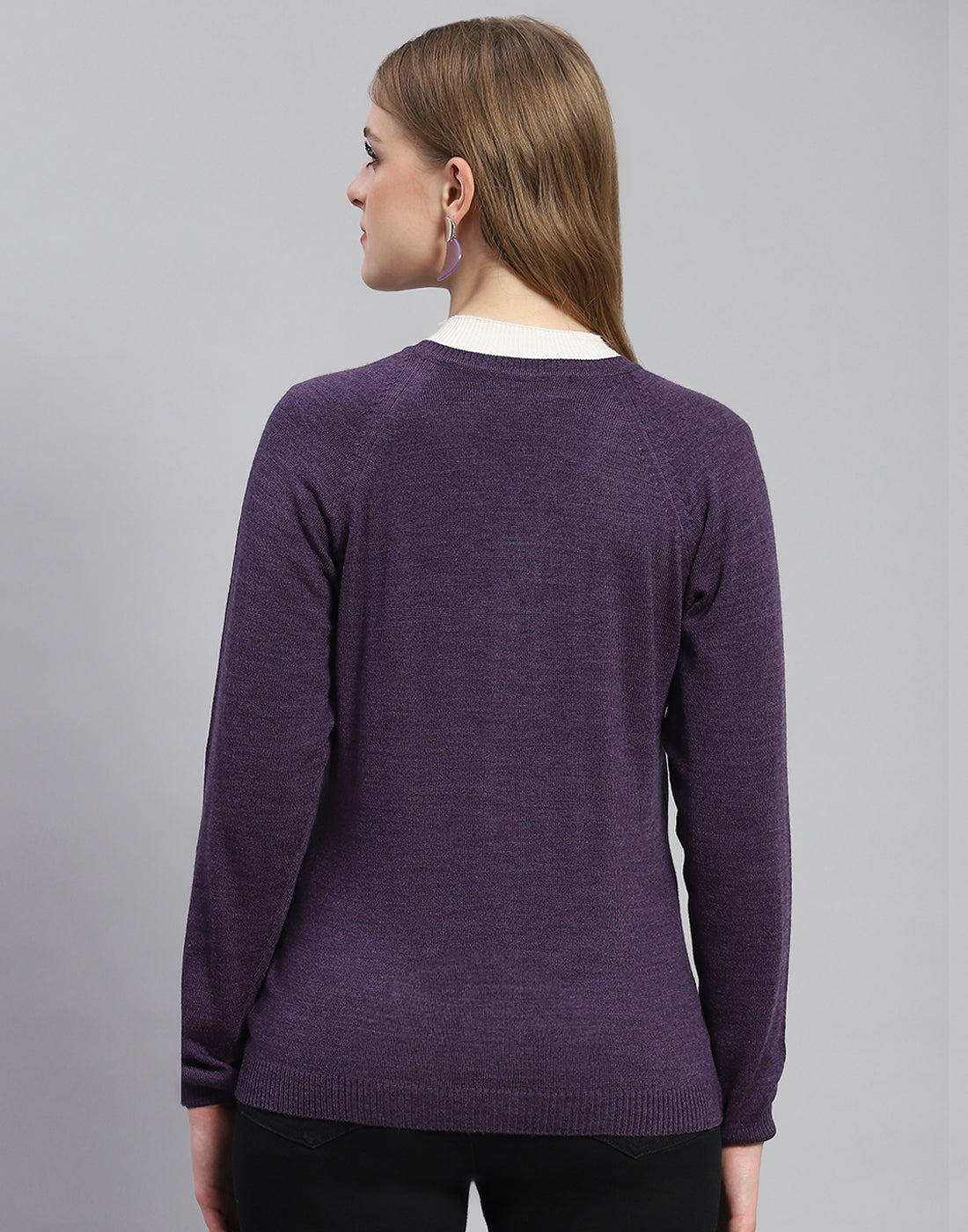 Women Purple Solid Round Neck Full Sleeve Cardigan