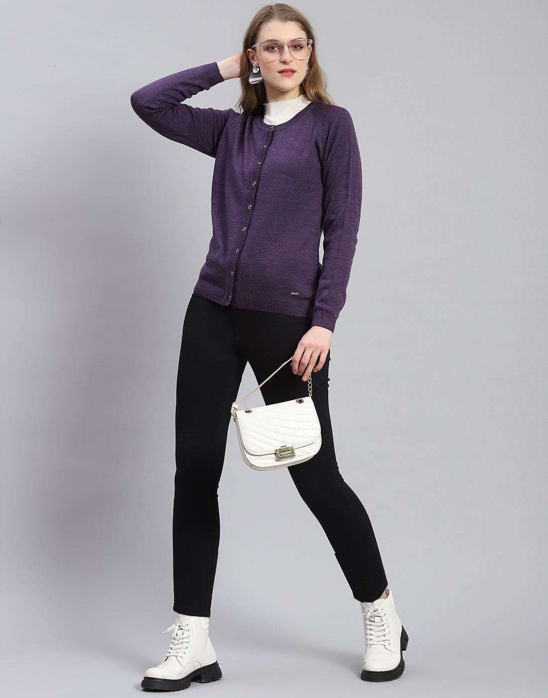 Women Purple Solid Round Neck Full Sleeve Cardigan