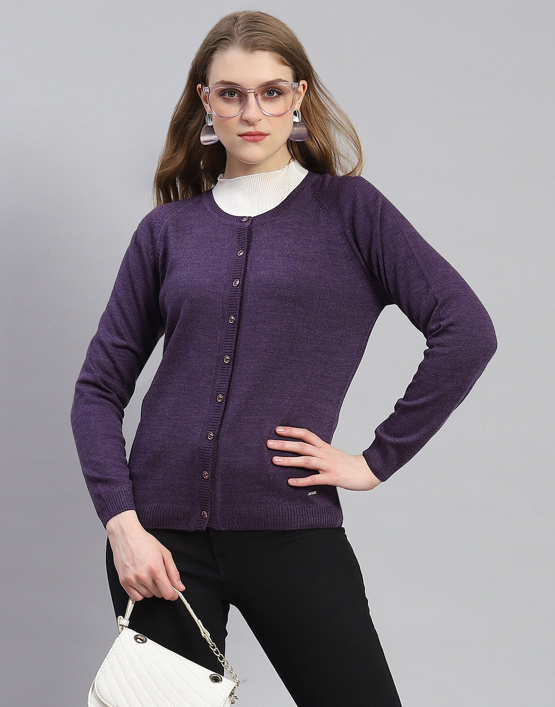 Women Purple Solid Round Neck Full Sleeve Cardigan