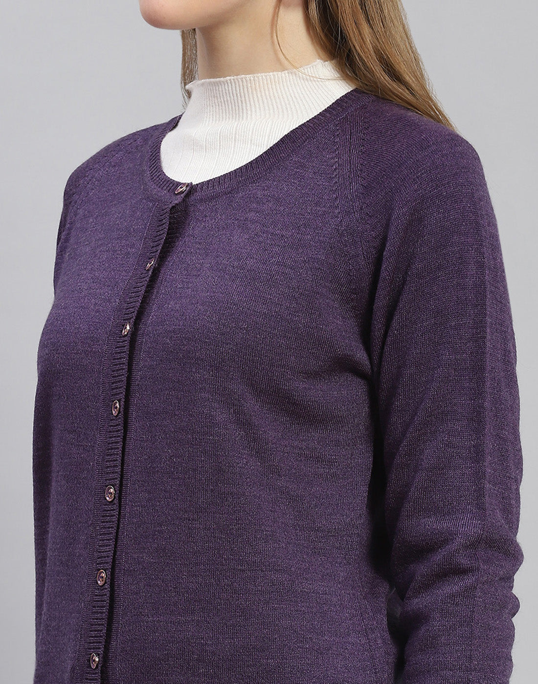 Women Purple Solid Round Neck Full Sleeve Cardigan