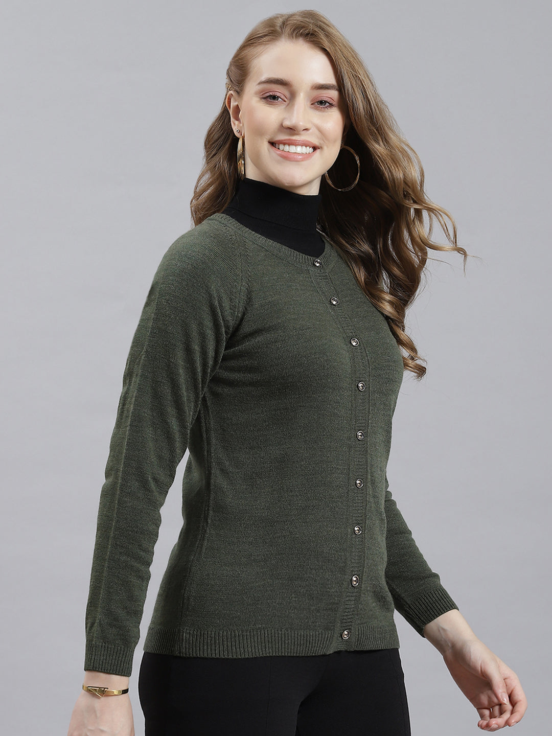 Women Green Solid Cardigan