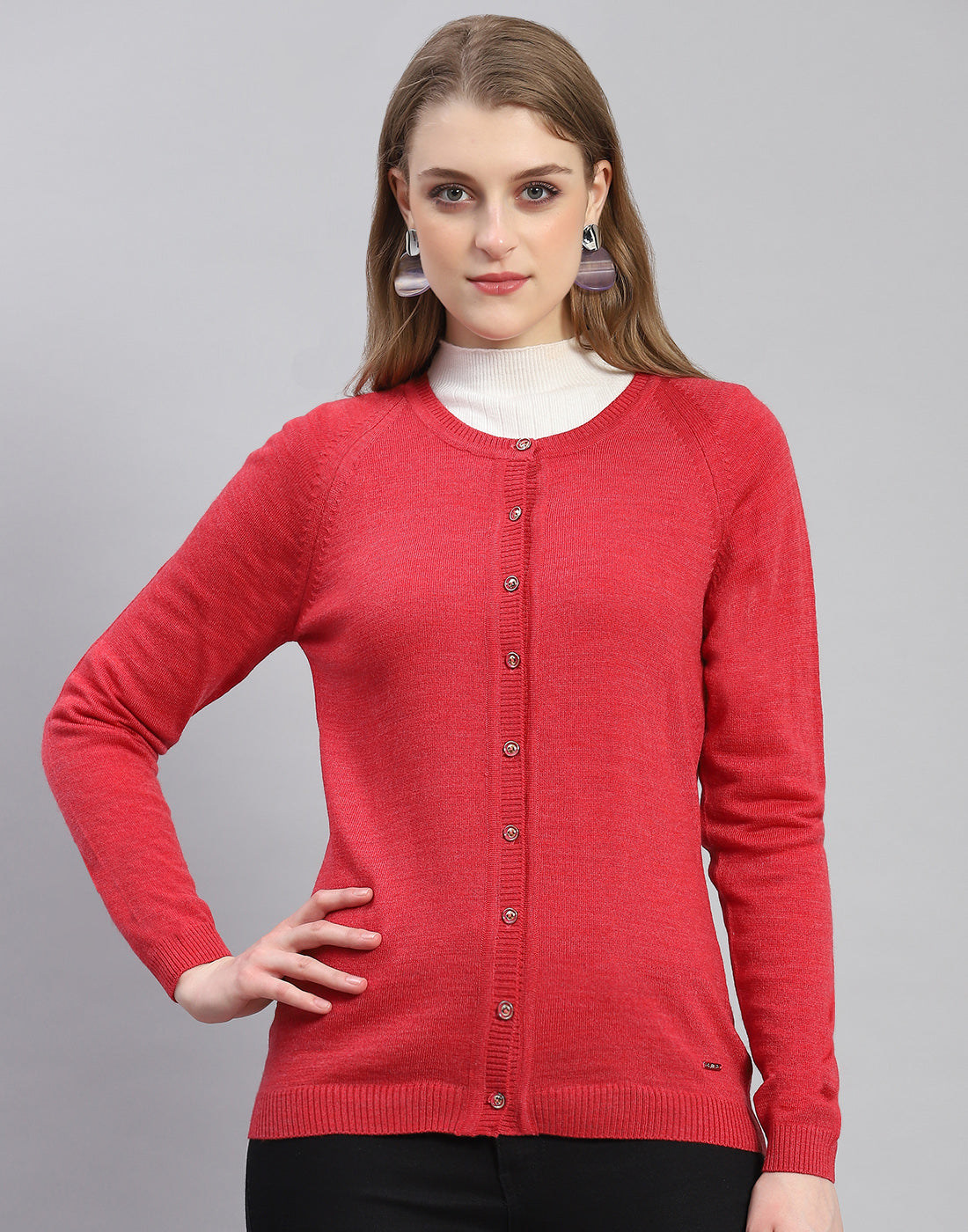 Women Red Solid Round Neck Full Sleeve Cardigan