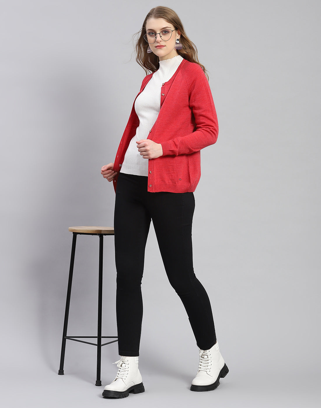 Women Red Solid Round Neck Full Sleeve Cardigan