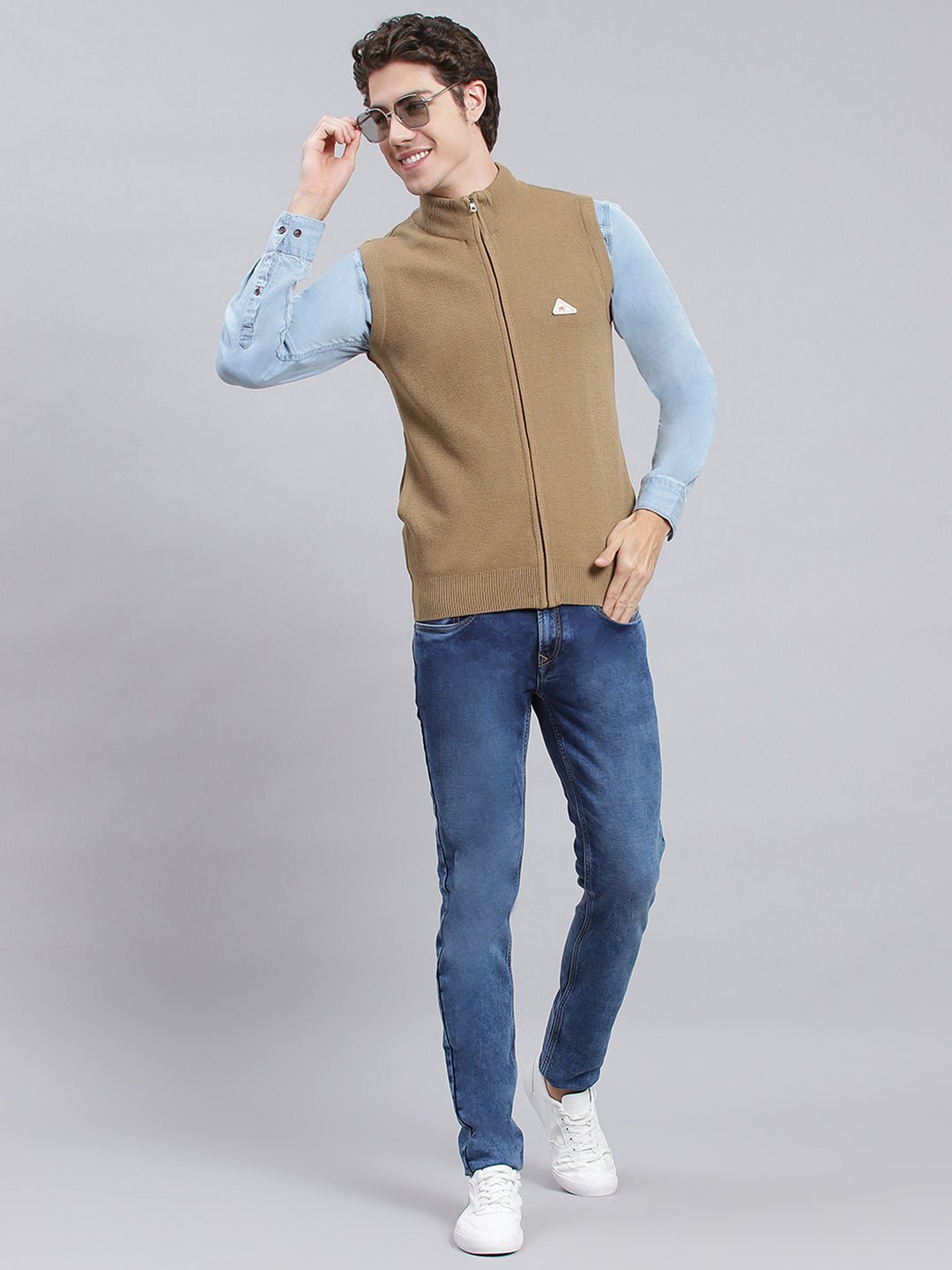 Men Beige Solid Wool blend Sweater