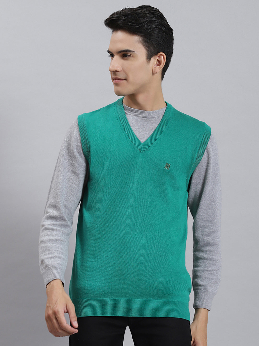 Men Turquoise Blue Solid V Neck Sleeveless Sweaters/Pullovers