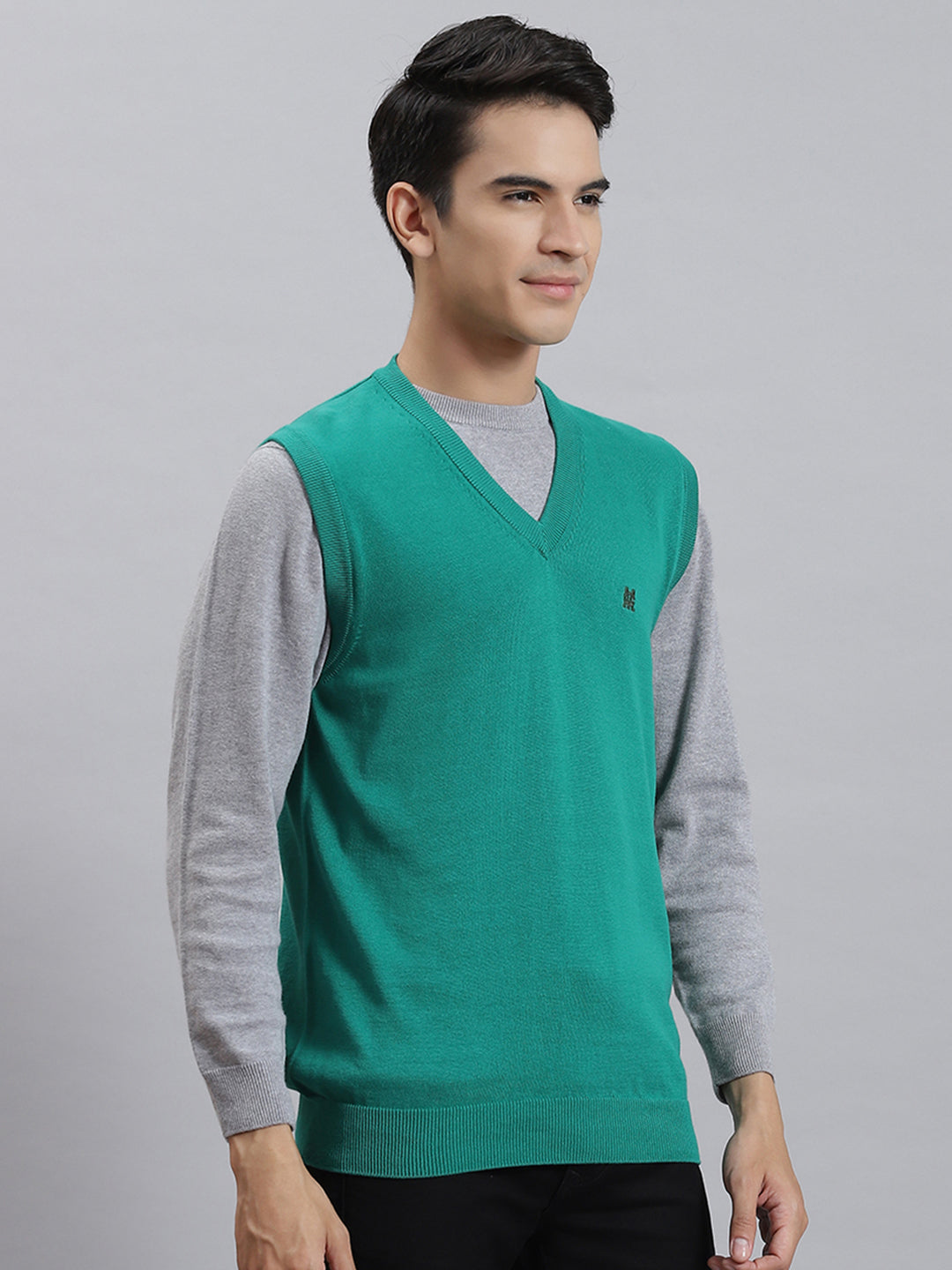 Men Turquoise Blue Solid V Neck Sleeveless Sweaters/Pullovers