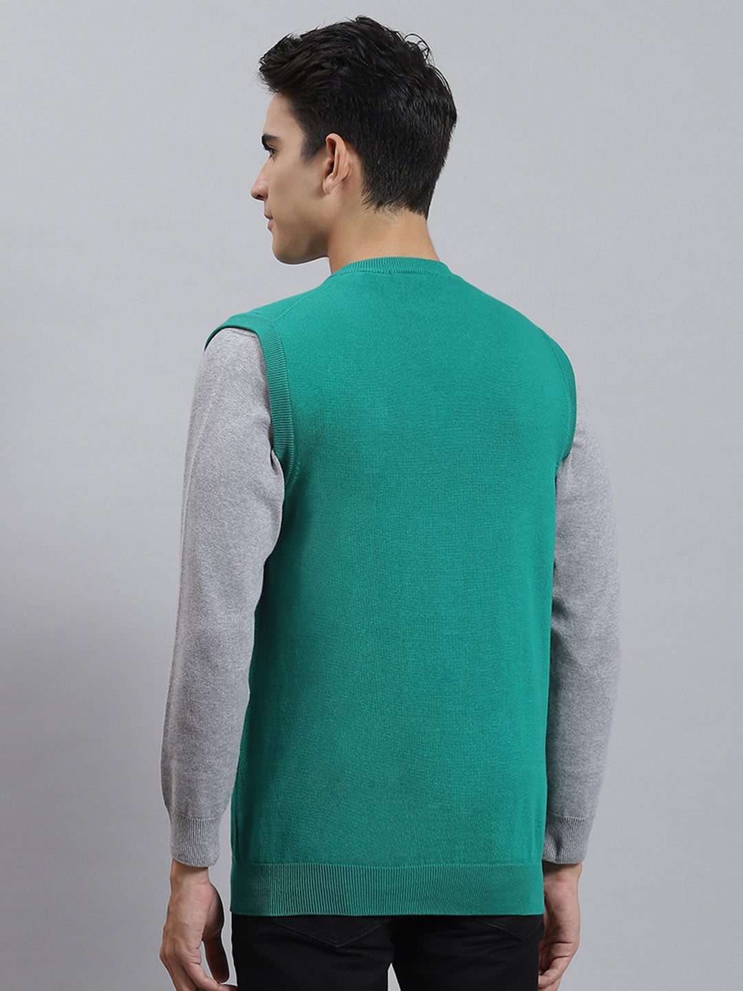 Men Turquoise Blue Solid V Neck Sleeveless Sweaters/Pullovers