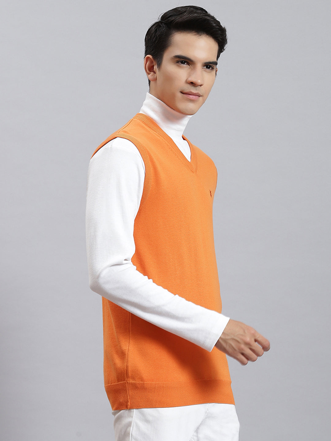 Men Orange Solid V Neck Sleeveless Sweaters/Pullovers