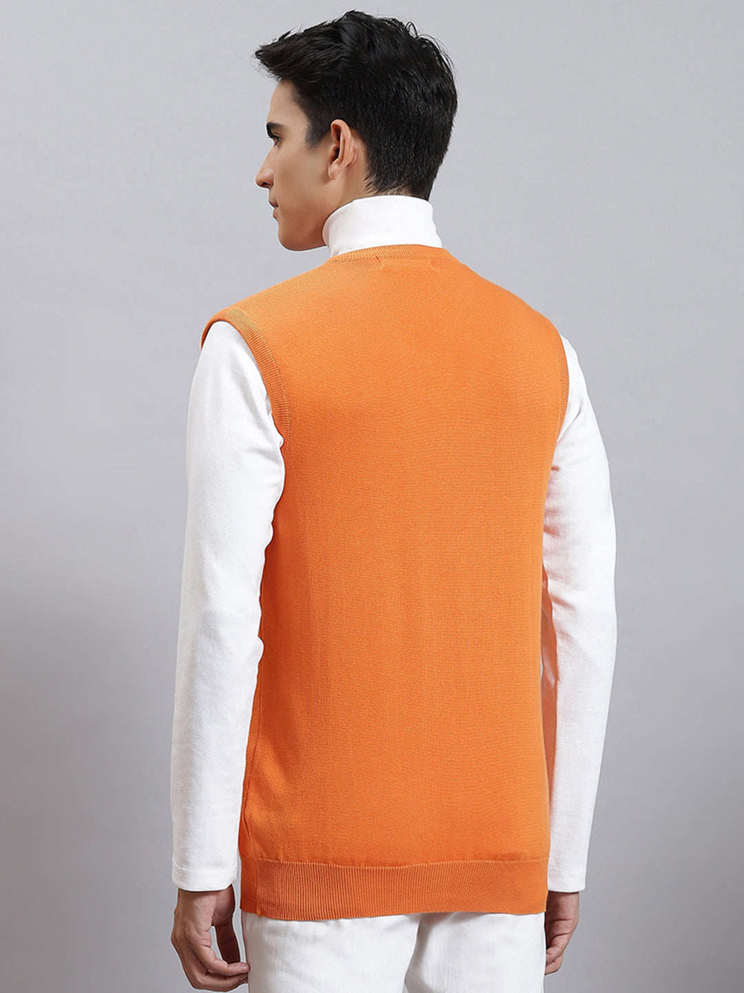 Men Orange Solid V Neck Sleeveless Sweaters/Pullovers