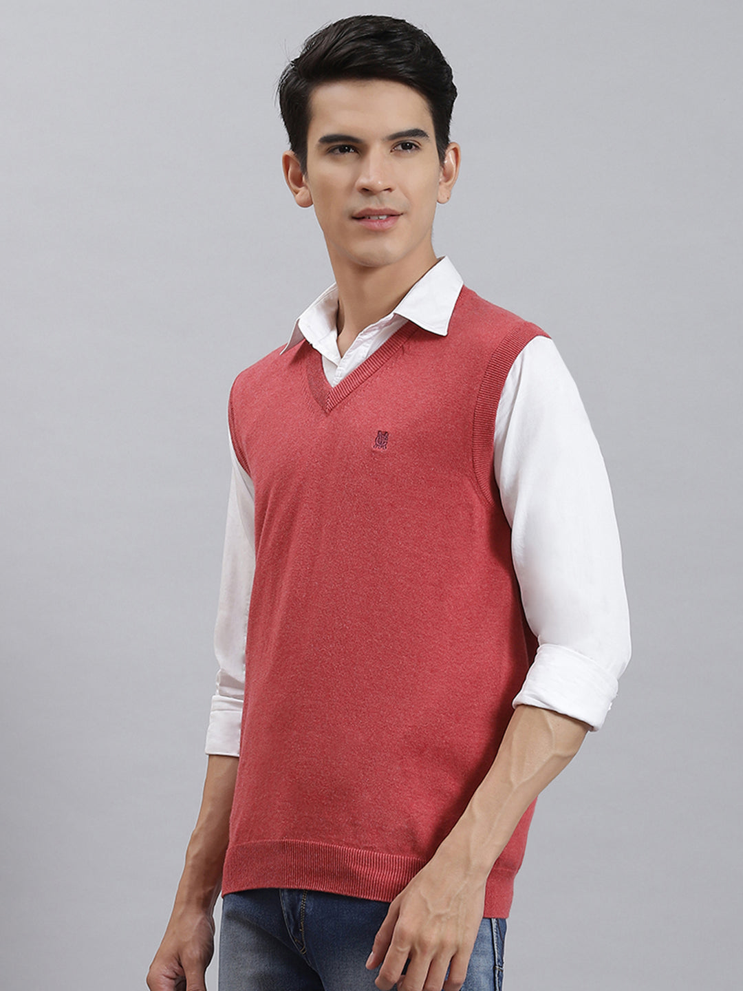 Men Pink Solid V Neck Sleeveless Sweaters/Pullovers