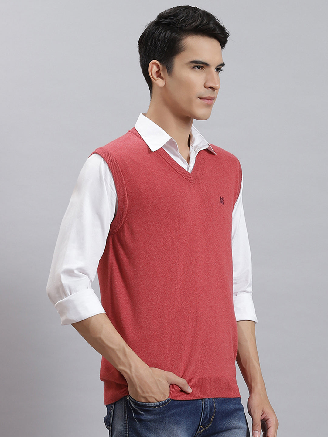 Men Pink Solid V Neck Sleeveless Sweaters/Pullovers