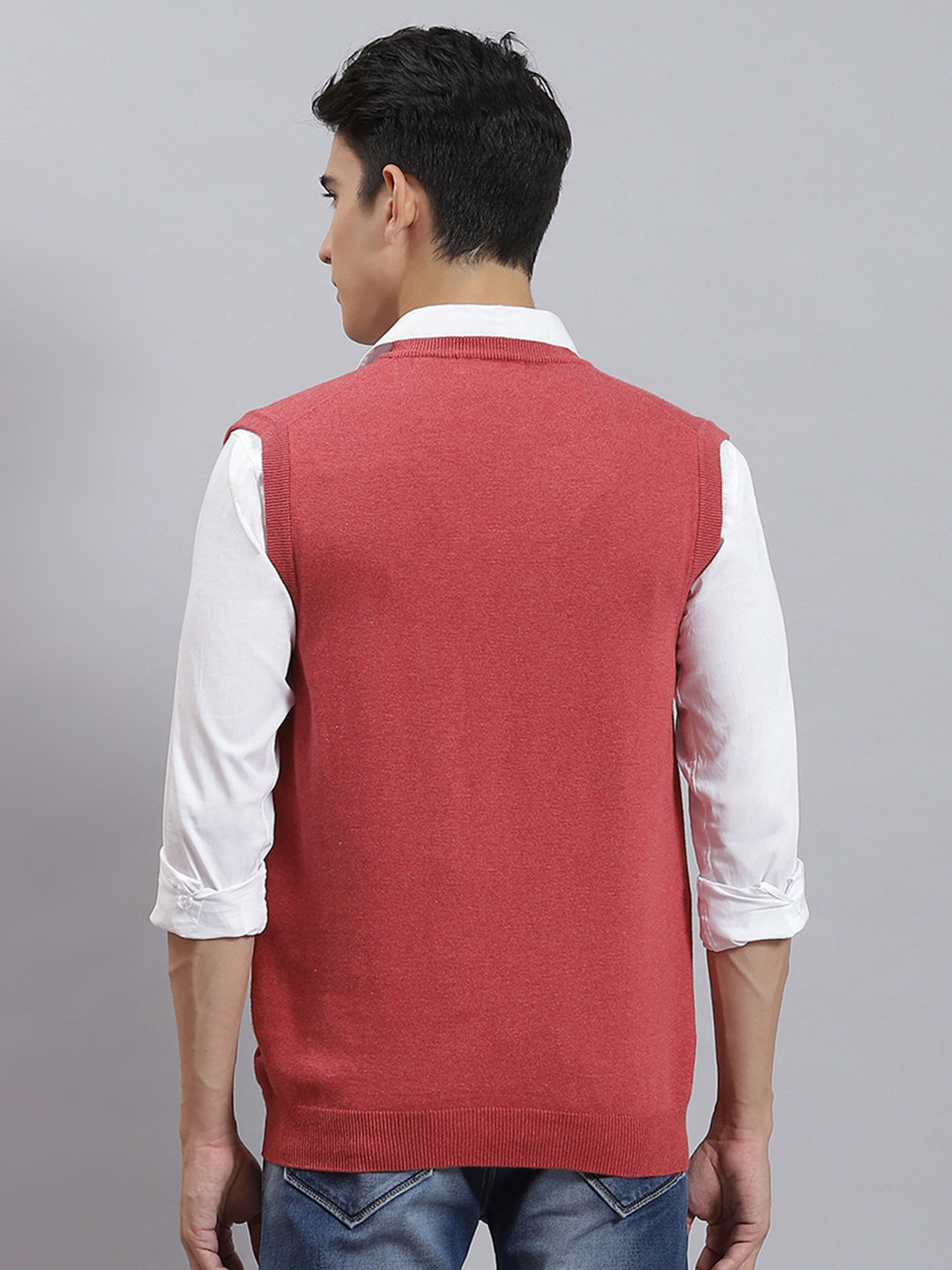 Men Pink Solid V Neck Sleeveless Sweaters/Pullovers