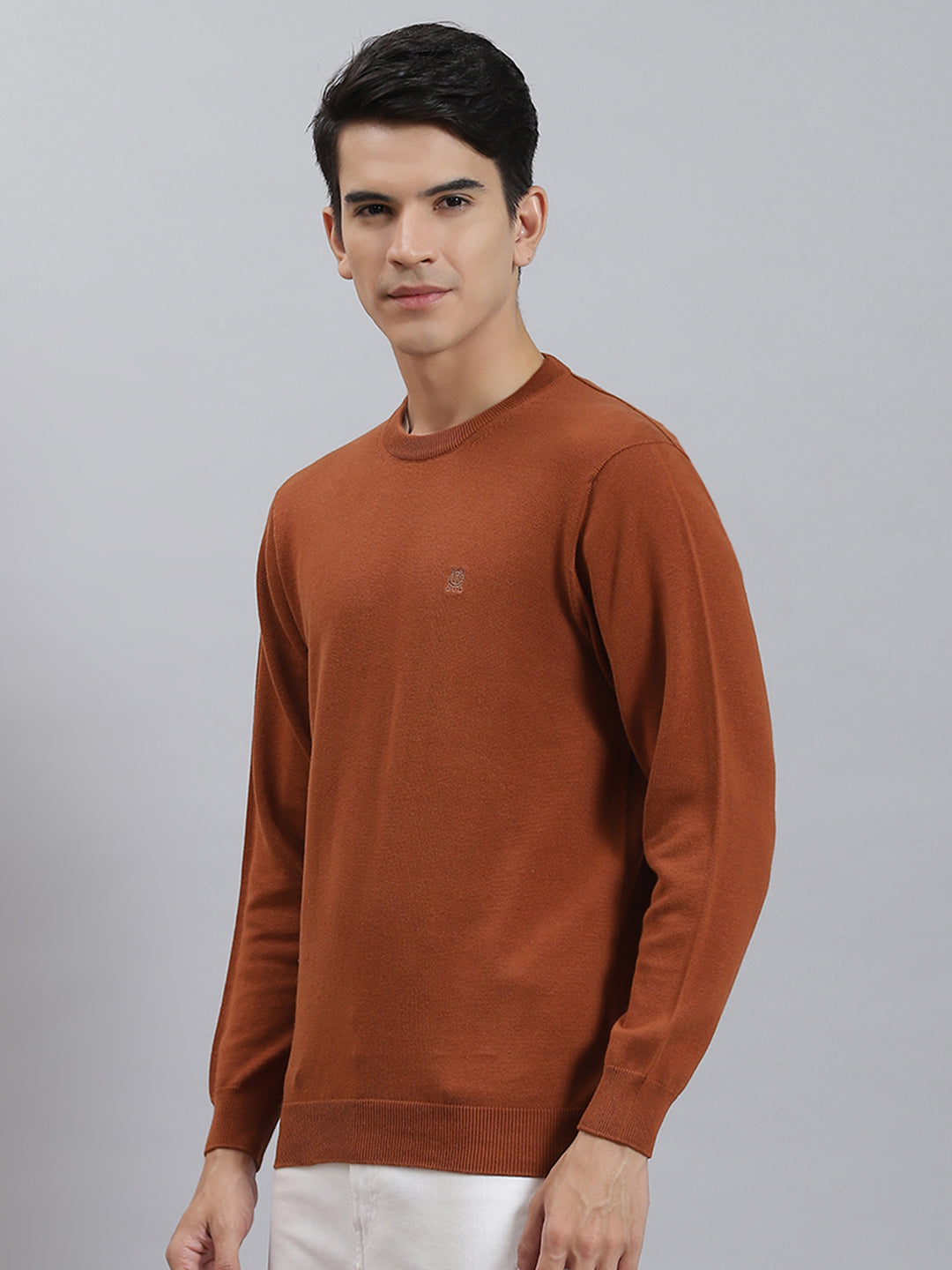 Men Rust Solid Round Neck Full Sleeve Sweaters/Pullovers