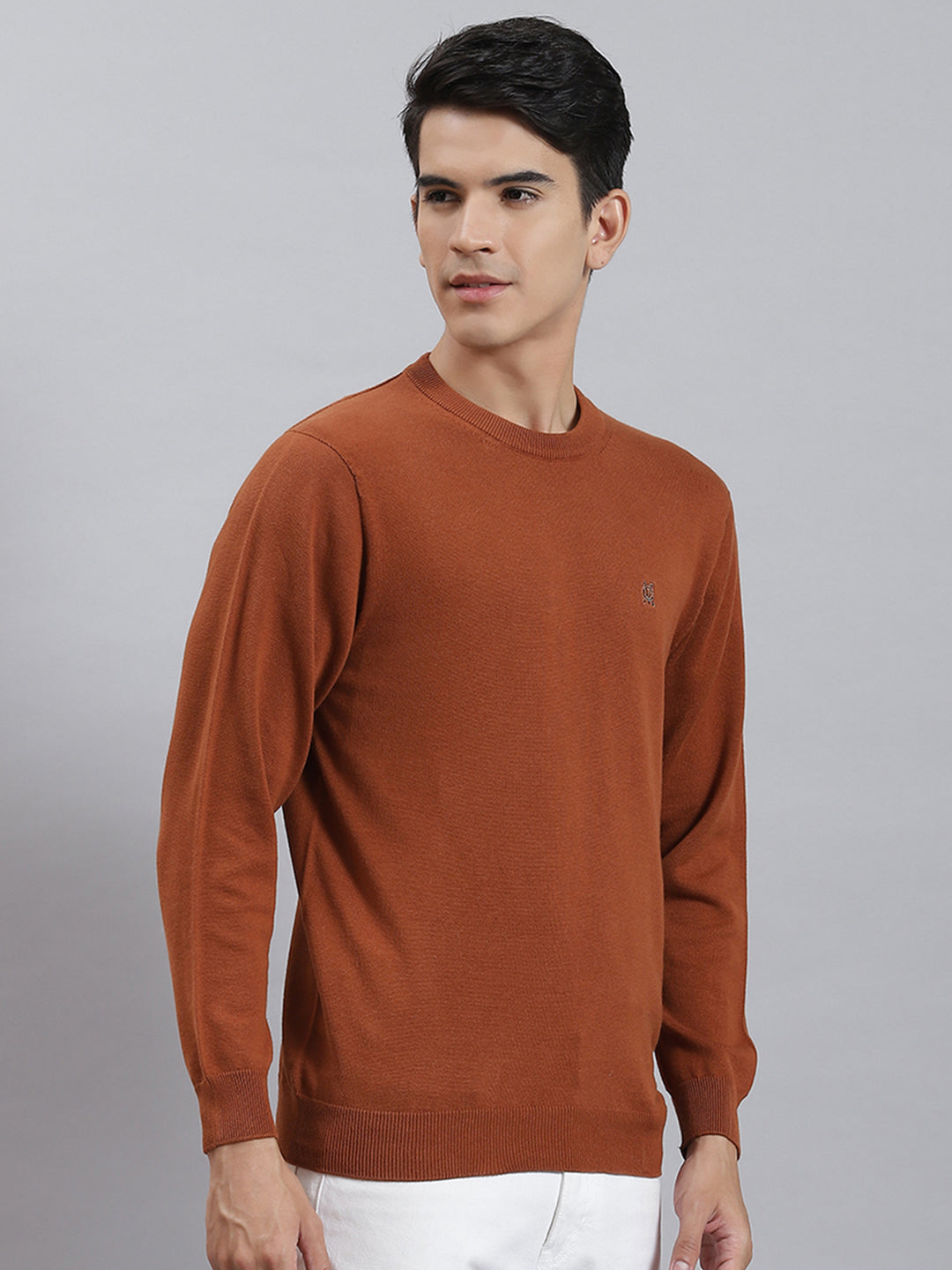 Men Rust Solid Round Neck Full Sleeve Sweaters/Pullovers