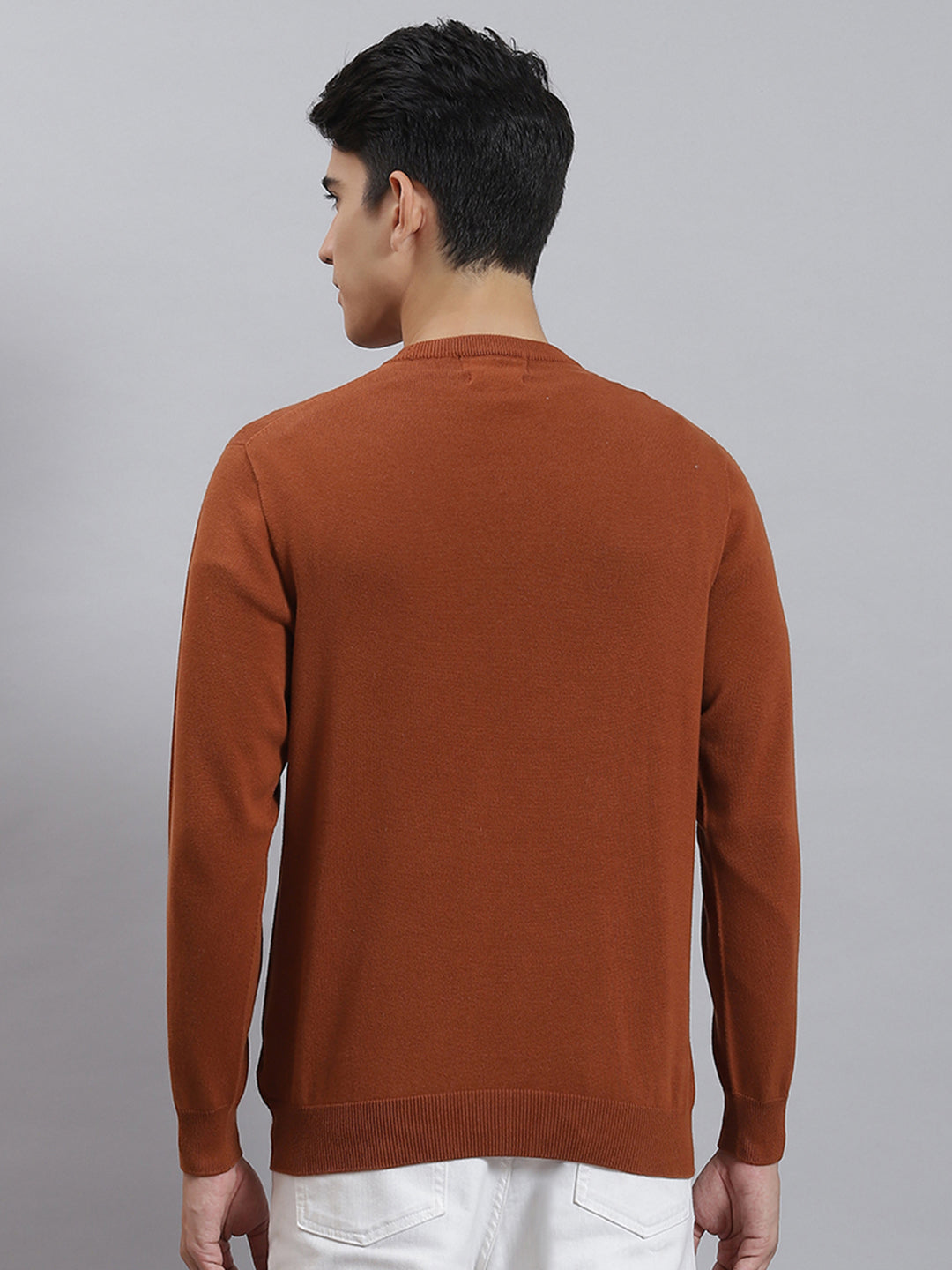 Men Rust Solid Round Neck Full Sleeve Sweaters/Pullovers