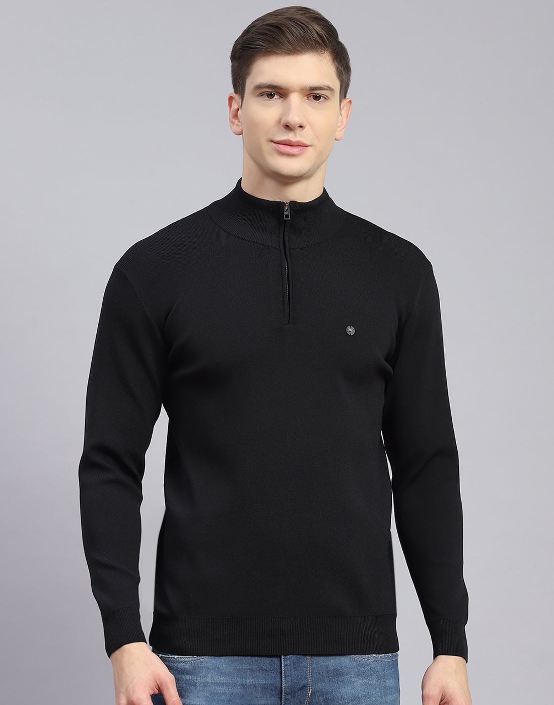 Men Black Solid H Neck Full Sleeve Sweater