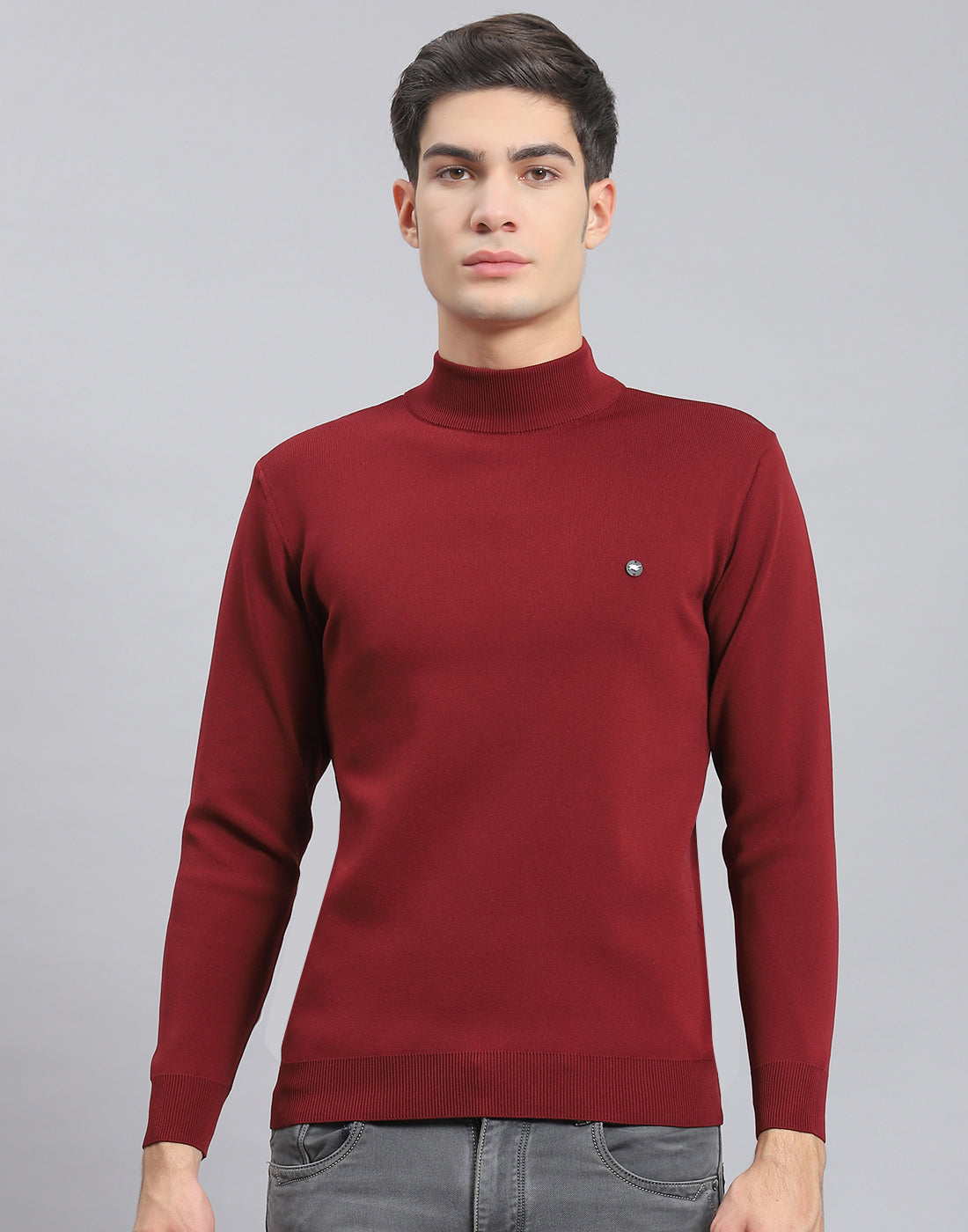 Men Maroon Solid T Neck Full Sleeve Sweater