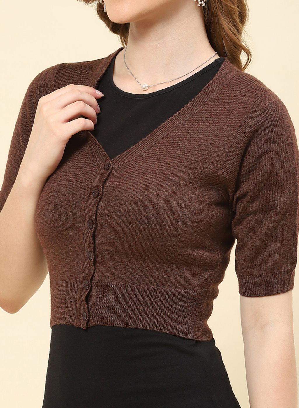 Women Brown Solid Pure wool Blouse