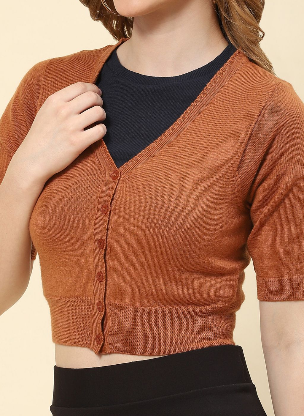 Women Brown Solid Pure wool Blouse