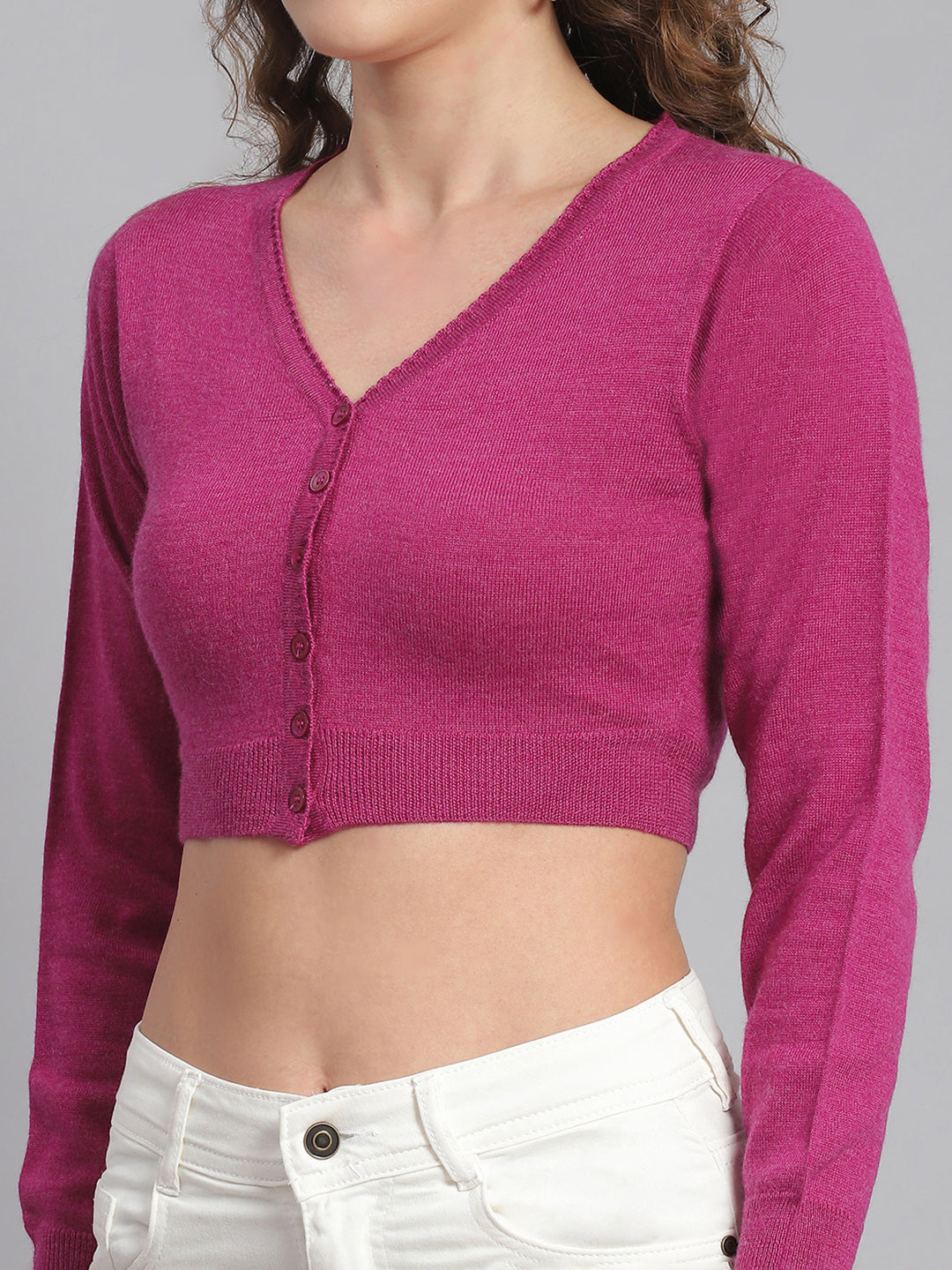 Women Magenta Solid V Neck Full Sleeve Sweater