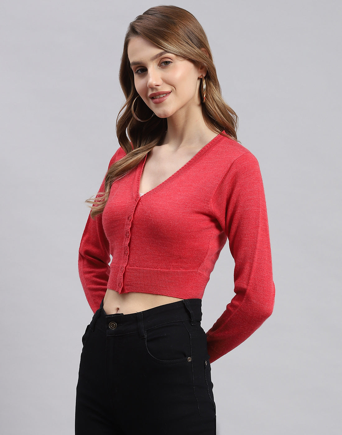 Women Pink Solid V Neck Full Sleeve Sweater