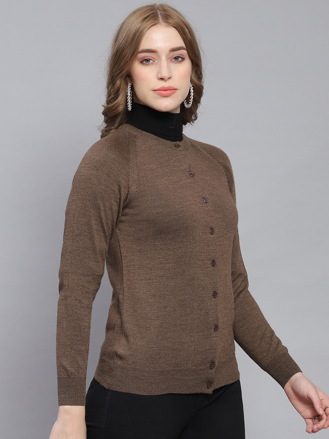 Women Brown Solid Round Neck Full Sleeve Cardigans