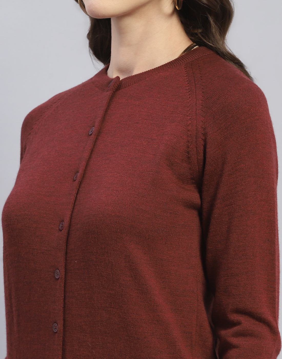 Women Maroon Solid Round Neck Full Sleeve Cardigan