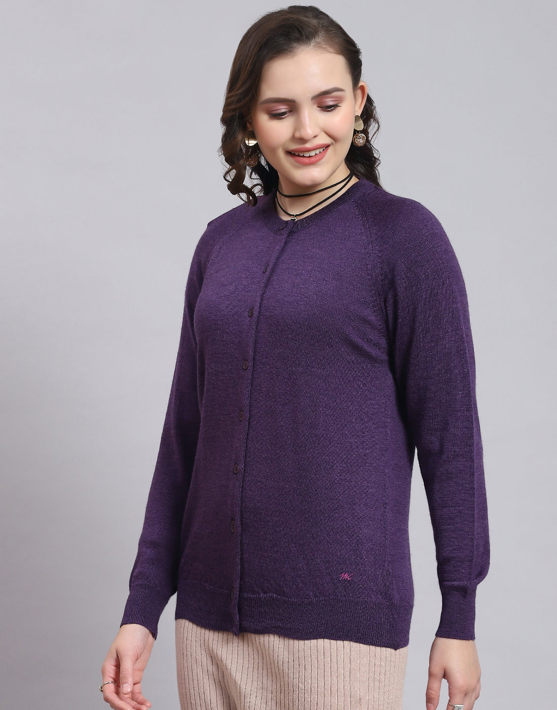 Women Purple Solid Round Neck Full Sleeve Sweater