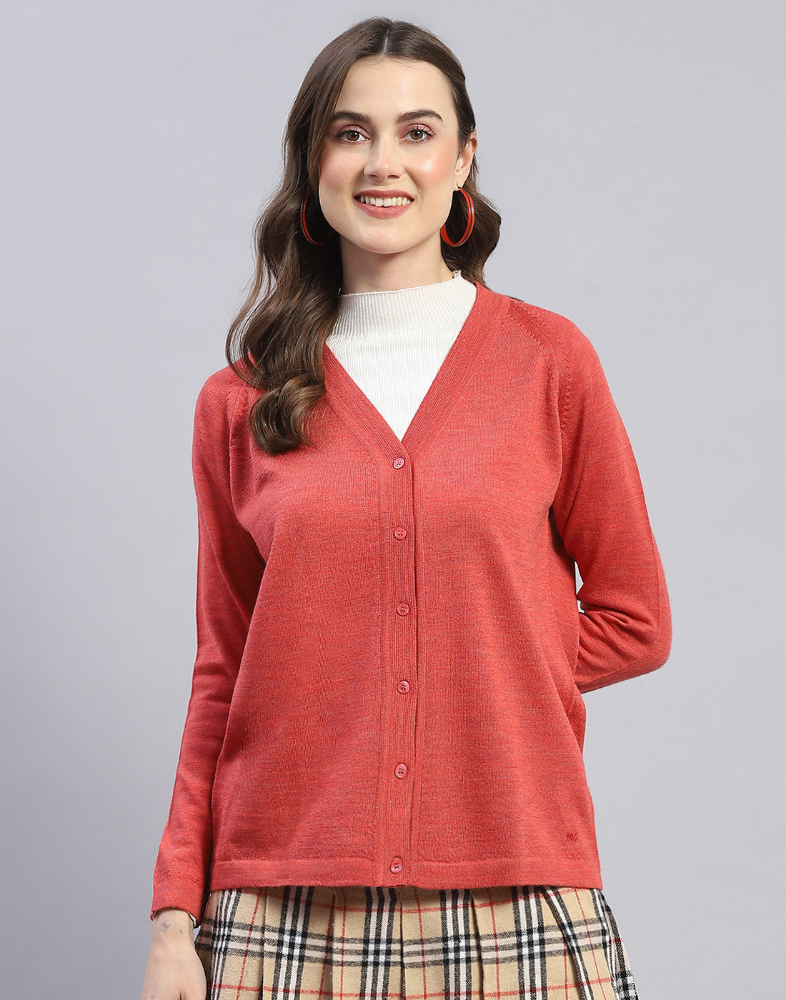 Women Pink Solid V Neck Full Sleeve Cardigan