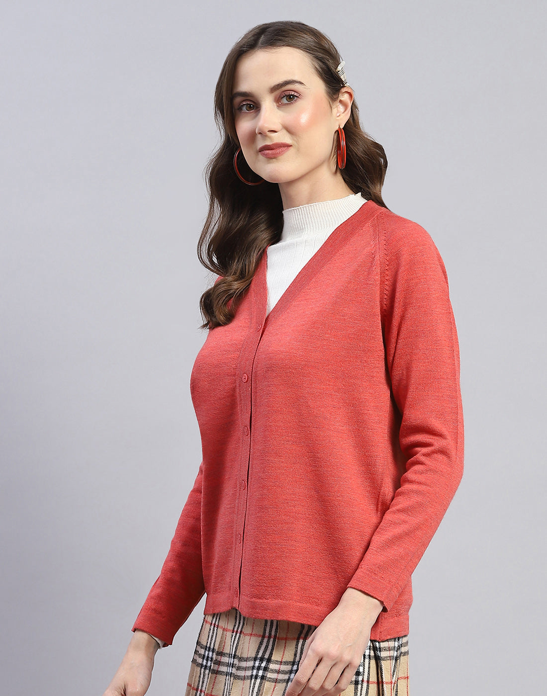 Women Pink Solid V Neck Full Sleeve Cardigan