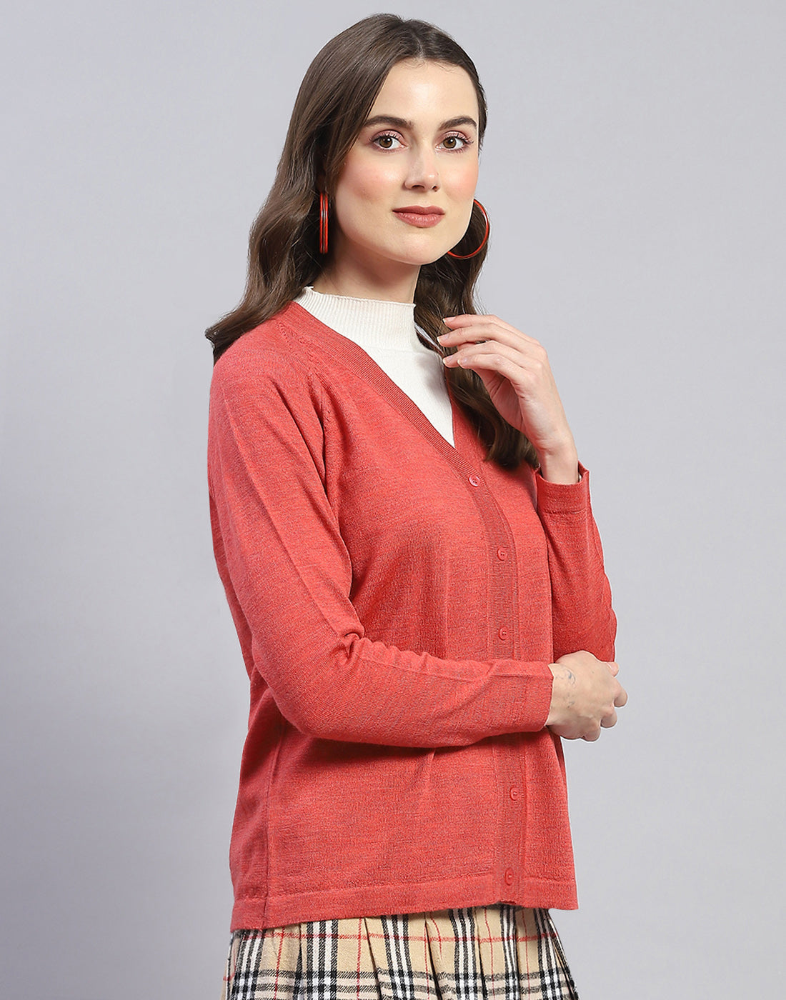 Women Pink Solid V Neck Full Sleeve Cardigan