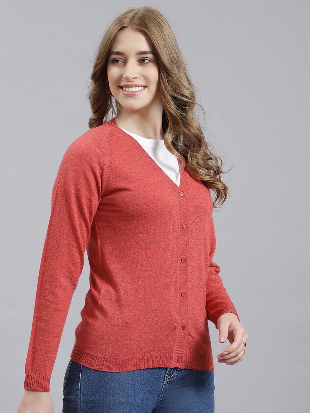 Women Peach Solid Cardigan