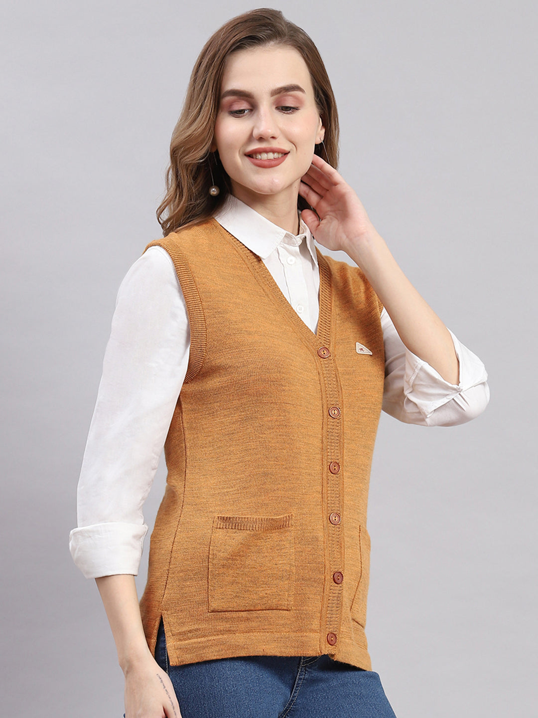 Women Brown Solid V Neck Sleeveless Cardigans