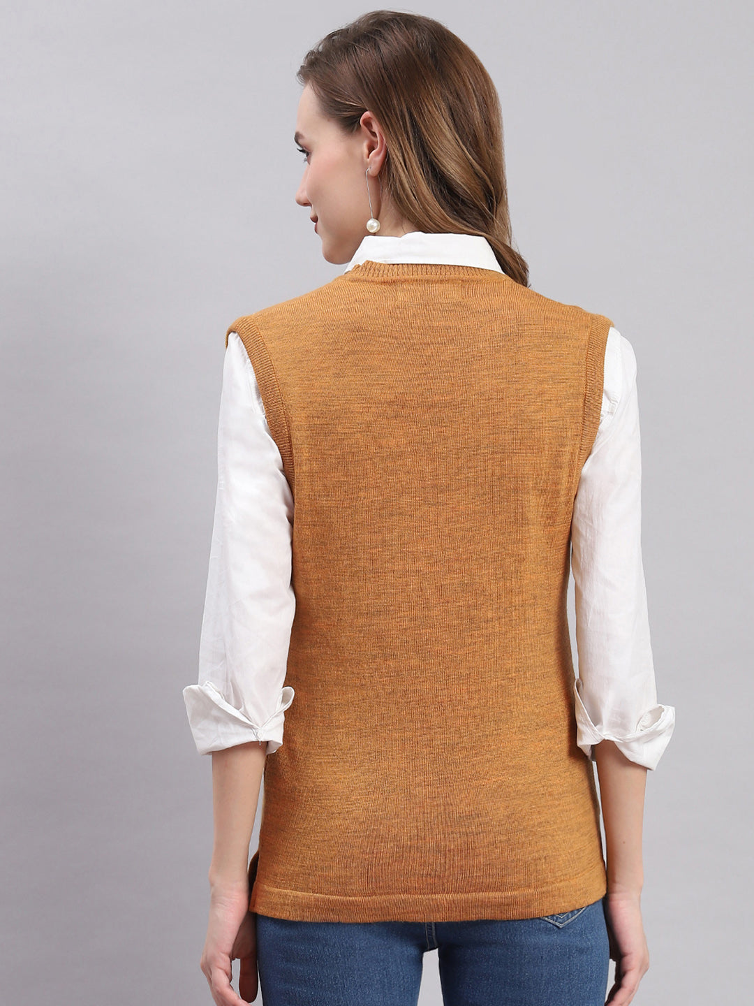 Women Brown Solid V Neck Sleeveless Cardigans