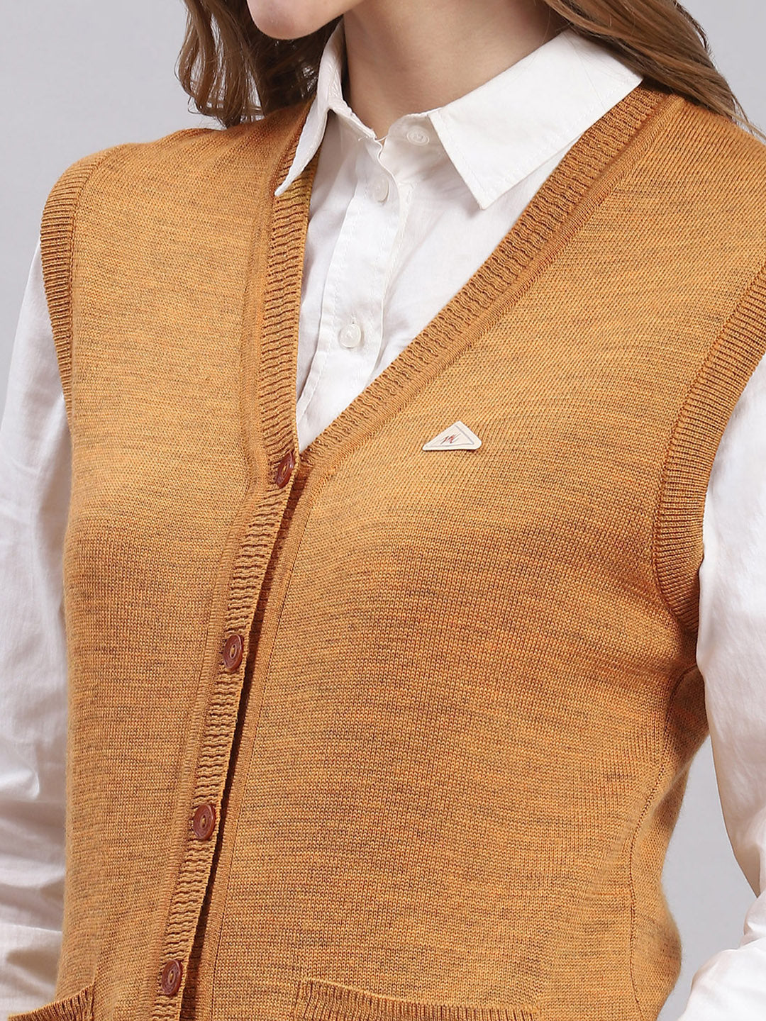 Women Brown Solid V Neck Sleeveless Cardigans