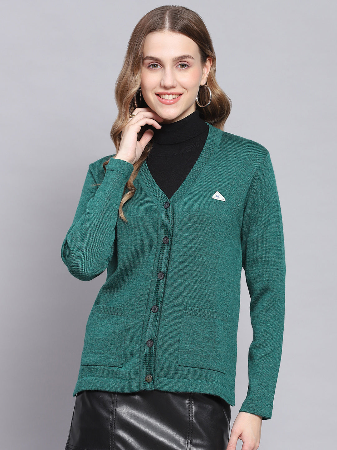 Women Teal Blue Solid V Neck Full Sleeve Cardigans